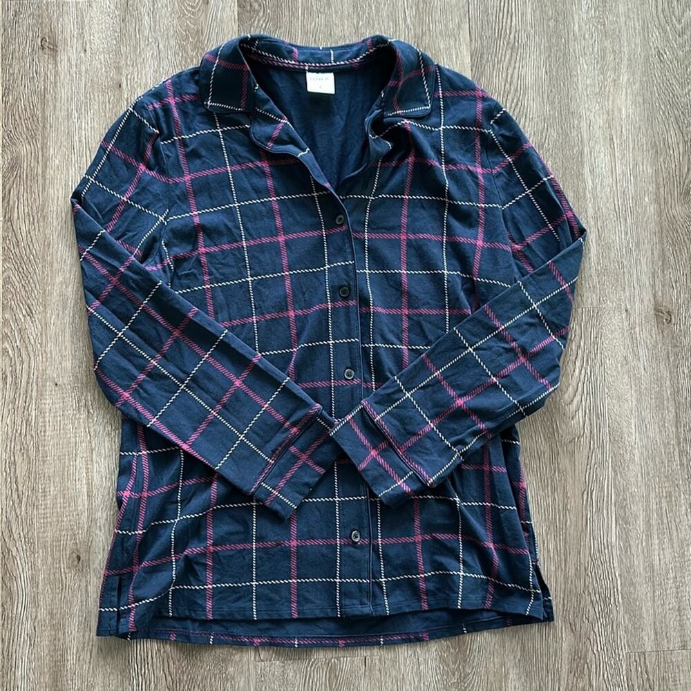 Soma‎ Embraceable Long Sleeve Pajama Top Pink White Window Pain Plaid Large